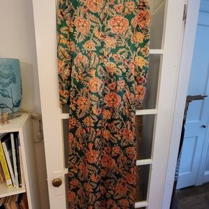 1960s Helen Whiting satin green print maxi gown